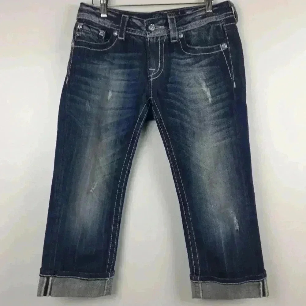 MISS ME BLING STUDDED EMBROIDERED CROSS CROP DENIM JEAN